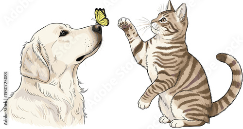 Flat vector illustration of a friendly golden retriever dog with a butterfly on its nose and a playful tabby kitten sitting.