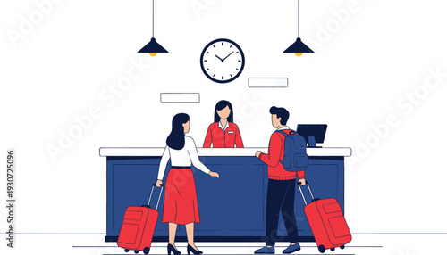 Flat vector illustration of a hotel reception desk with a female receptionist assisting a man and woman with red luggage.