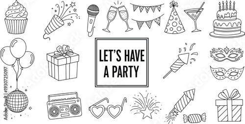 Cad drawing flat vector illustration, set of party elements with cake, balloons, gift boxes, fireworks, disco ball and festive celebration icons.