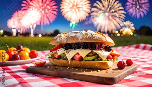 Sandwich and fruit picnic with fireworks at dusk on a gingham blanket in a green park setting