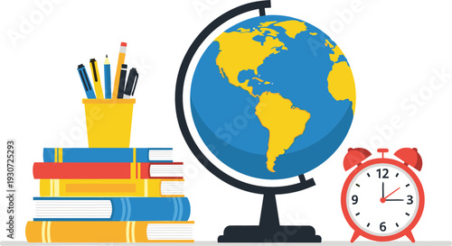 Flat vector illustration of a world globe with colorful books, school supplies in a cup, and a red alarm clock on white.