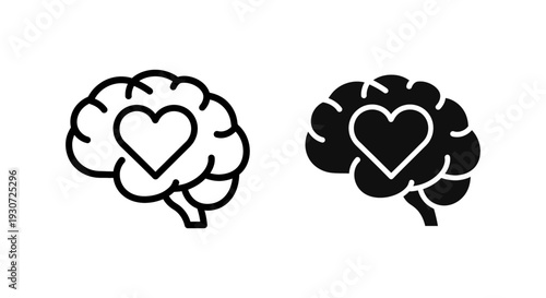 Brain with heart icon in line and silhouette, symbolizing love, emotion, intelligence, and mental health.