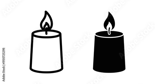 Candle icon in outline and black silhouette, representing light, warmth, romance, and ambiance.