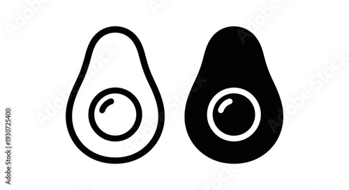 Half avocado icons in black and white outline and silhouette, symbolizing healthy food, nutrition, and veganism.