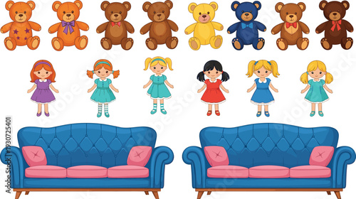 Cute Teddy Bears Cartoon Girls Characters and Blue Sofa Furniture Vector Illustration Set Isolated on White Background