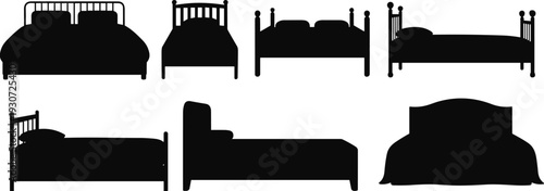 Black Bed Silhouette Vector Set, Bedroom Furniture Icons, Double and Single Bed Frames, Home Interior Design Elements, Sleep and Rest Graphics, Isolated