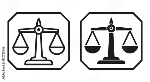Justice Scales Icons: Outline and Solid Black for Law, Balance, and Equality