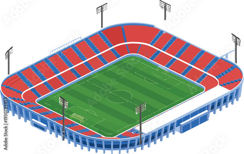 Isometric Soccer Stadium Vector Illustration with Green Football Field, Seating Stands and Floodlights for Sports Tournament Concept
