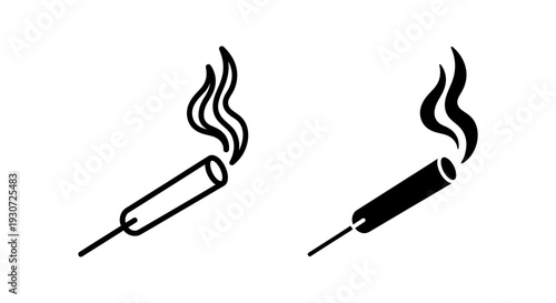 Incense Stick Icon with Smoke: Outline and Solid Black for Aroma, Relaxation, and Meditation