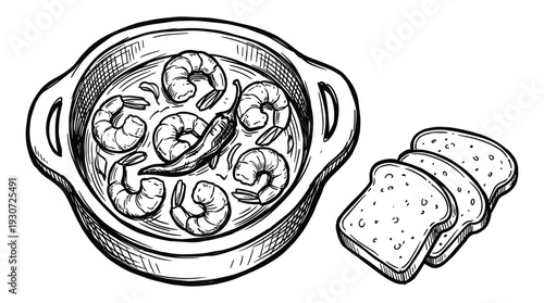 Shrimp scampi with red pepper in plate and toasted bread vector illustration