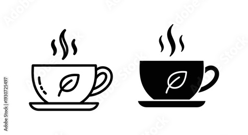 Steaming Cup of Tea with Leaf Icon, Represents Natural Beverage and Relaxation