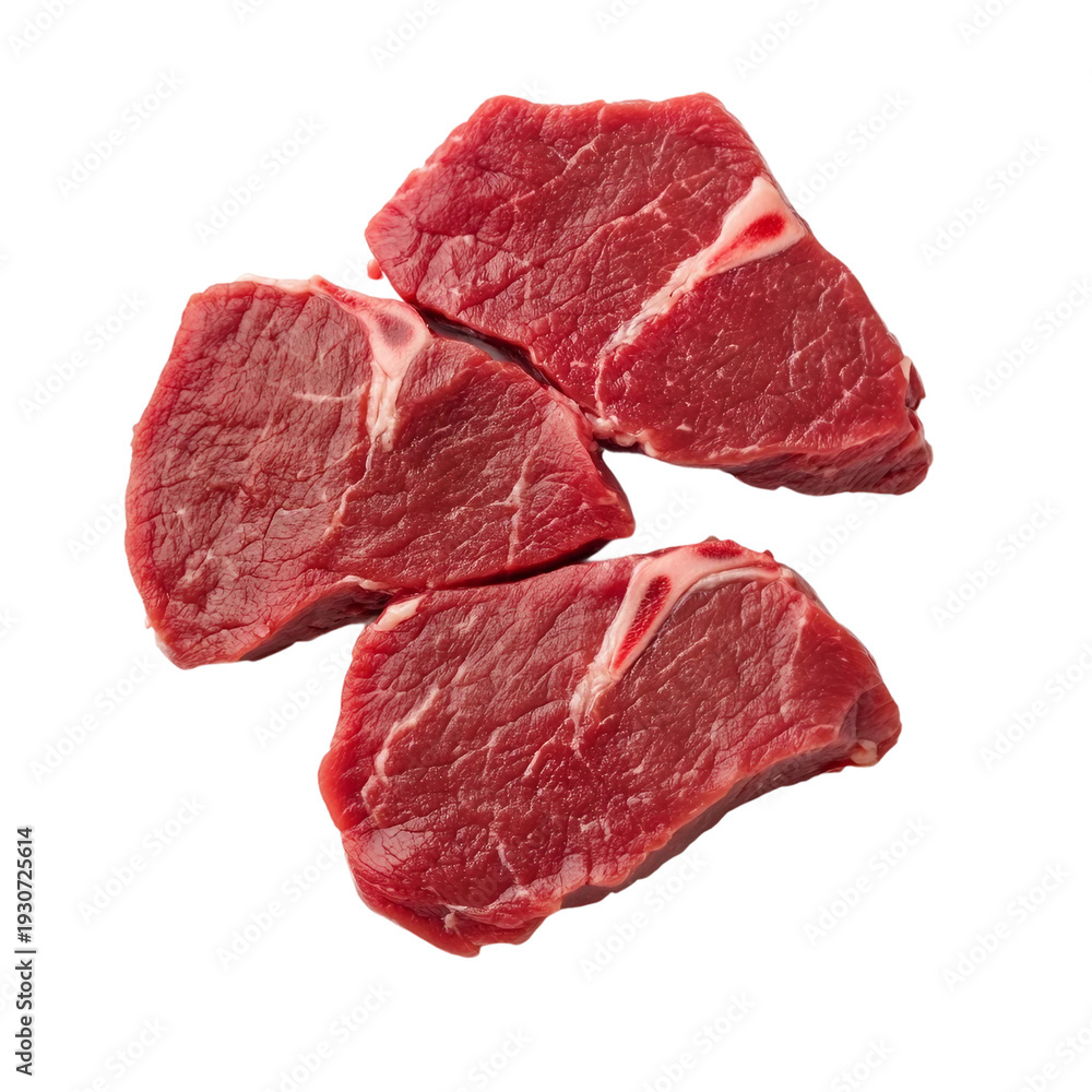 Obraz premium Three slices of raw beef meat isolated on transparent background.png
