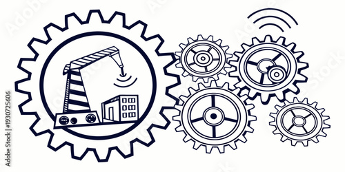 Intricate gears and industrial elements with wireless signals and a factory.