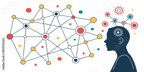 A person's head with interconnected nodes and colorful bubbles representing thoughts and ideas