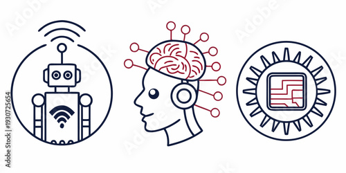 Illustration of a robot, a human head with neural connections, and a computer chip.