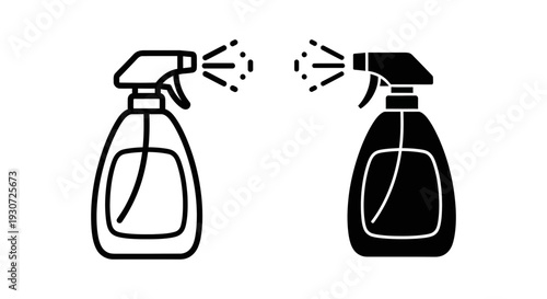 Spray bottle icon set, showing an outlined version and a solid black silhouette, perfect for cleaning and hygiene themes.