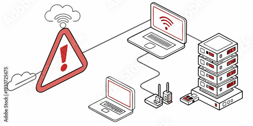 Network security alert displayed on multiple devices connected to a server