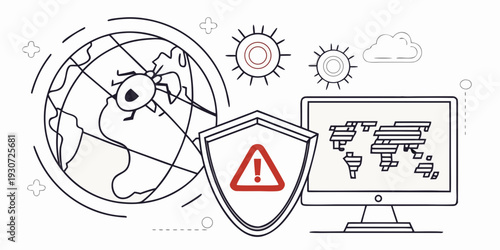 Global network security with a shield and computer monitoring worldwide connections