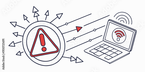 Warning sign on a laptop screen with multiple arrows pointing towards it