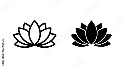 Minimalist lotus flower icon in outline and filled versions, symbolizing purity, spirituality, and enlightenment.
