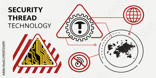 Various warning signs and symbols representing security threats and technology risks