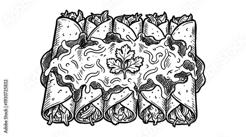 Burritos with cilantro and sauce on top vector illustration. traditional mexican food