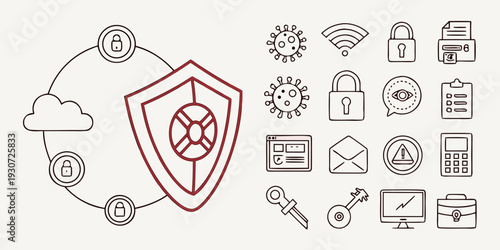 Illustration of various security icons and symbols representing cybersecurity and data protection