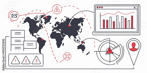 Global data analysis with interconnected statistics and world map visualization.
