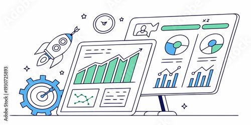 Illustration of a computer screen displaying various data analytics and charts