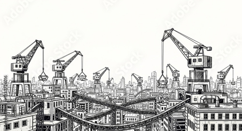 Industrial cranes in cityscape sketch.