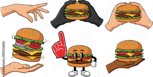 Flat vector illustration of various hands holding delicious cheeseburgers and a funny hamburger character mascot wearing a red foam finger.