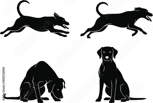 Black, dog, silhouette, set, with, labrador, retriever, running, sitting, and, jumping, poses, isolated, on, white, background, pet, animal, canine, shadow, illustration, collection