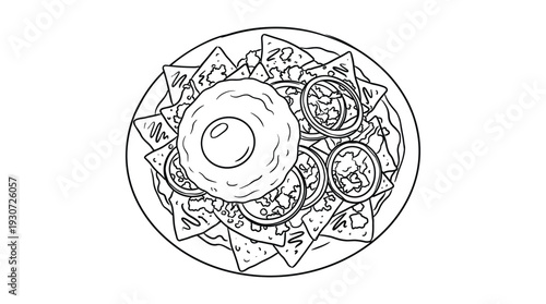 Nachos with fried egg and onion rings top view sketch isolated on transparent background