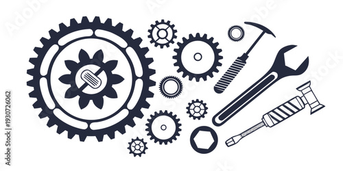 Assorted mechanical tools and gears arranged in a circular pattern.