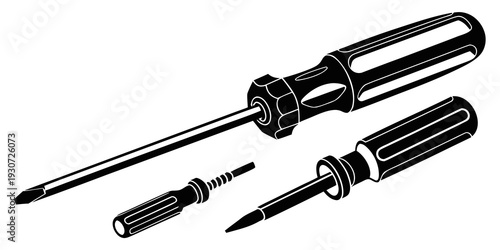 A set of three screwdrivers with different tip sizes and handles