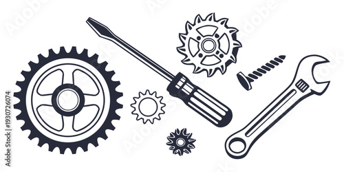 Assorted mechanical tools and gears arranged in a circular pattern