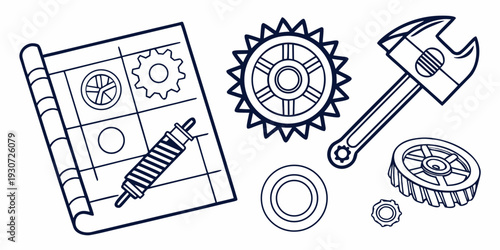 A collection of mechanical tools and components with blueprints and diagrams.