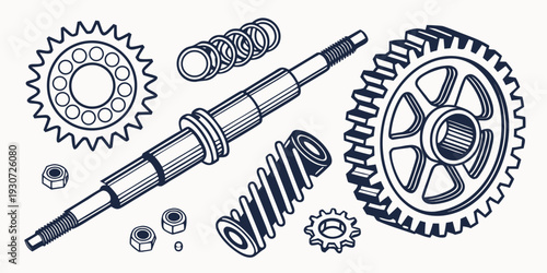 An assortment of mechanical gears and shafts in various sizes and configurations