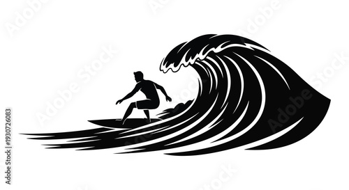 A surfer rides a powerful curling ocean wave in a striking black and white design a dramatic silhouette high quality professional