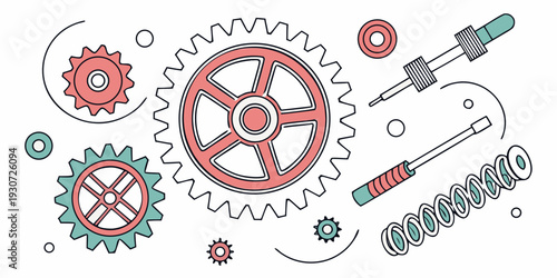 Illustration of interlocking gears and various mechanical components