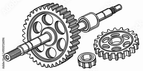 A detailed black and white line drawing of various mechanical gears and components
