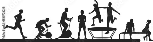 Black, silhouette, set, of, people, exercising, in, gym, including, running, cycling, jumping, on, trampoline, and, training, on, equipment, isolated, on, white, background.