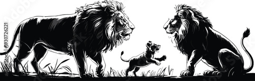 Black, and, white, illustration, of, two, male, lions, and, a, playful, cub, in, the, wild, safari, savanna, isolated, on, white, background.