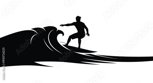 A dynamic black silhouette depicts a surfer riding a large curling wave capturing the essence of ocean power silhouette high quality