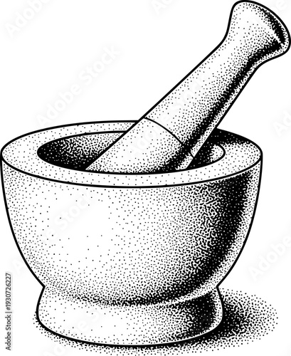 Black and white stippled of a stone mortar and pestle a white background kitchen