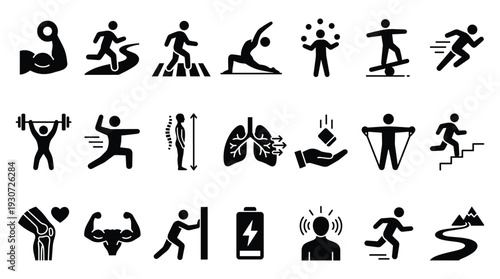 Healthy lifestyle people exercising fitness and sports activities vector icons set