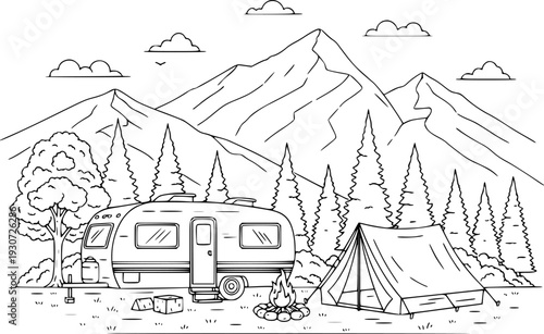 Black and white line of a mountain campsite with a caravan tent and campfire camping