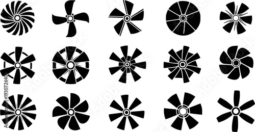 Collection of black fan blade and turbine white background blades propeller