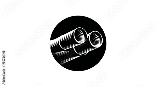 A monochrome illustration of two exhaust pipes depicted within a black circle, creating a dynamic visual
