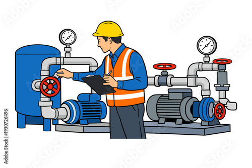 Industrial worker inspecting machinery and equipment in a factory setting with pipes and valves